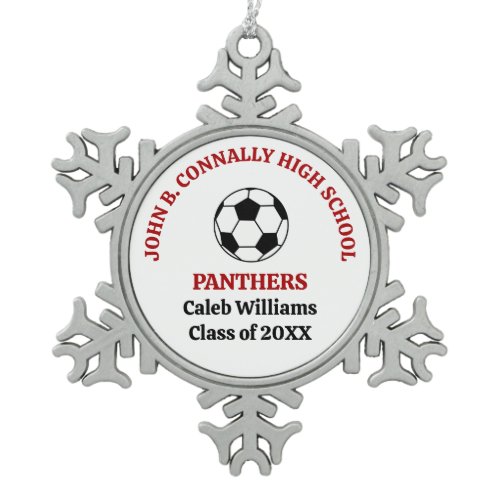 Red High School Soccer Team Personalized Snowflake Pewter Christmas Ornament