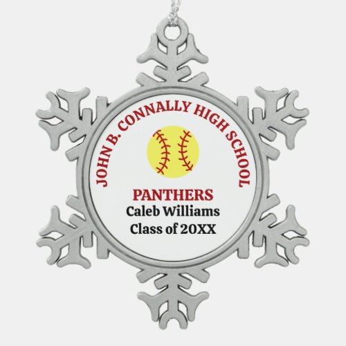 Red High School Softball Player Personalized Snowflake Pewter Christmas Ornament