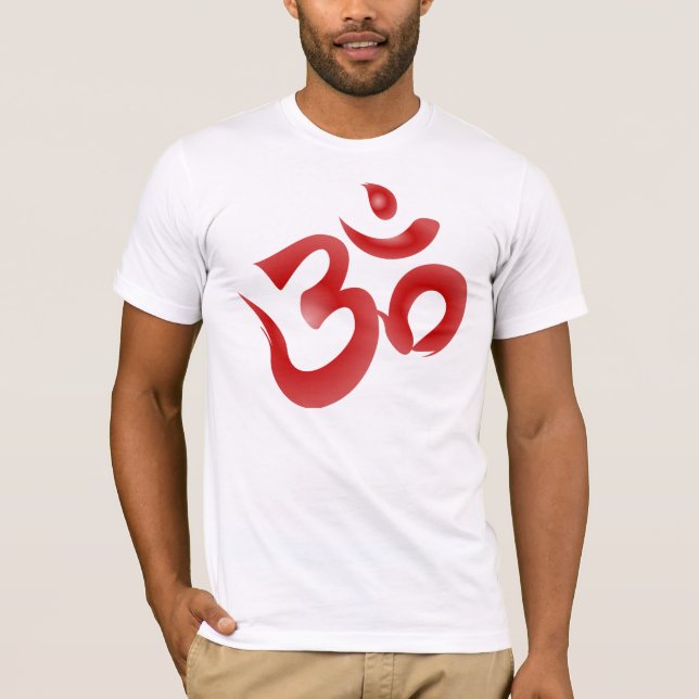 Red Hindu Symbol Om Aum Devanagari Calligraphy T-Shirt (Front)