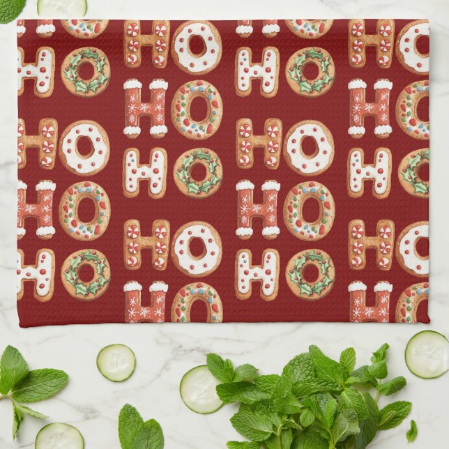 Red Ho Ho Ho Gingerbread Cookie Christmas Kitchen Towel (Folded)