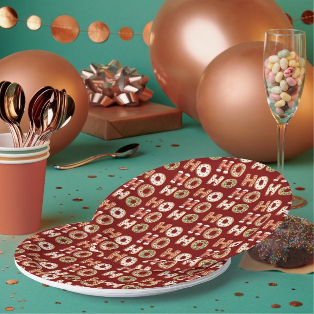 Red Ho Ho Ho Gingerbread Cookie Christmas Paper Plates (Multi)