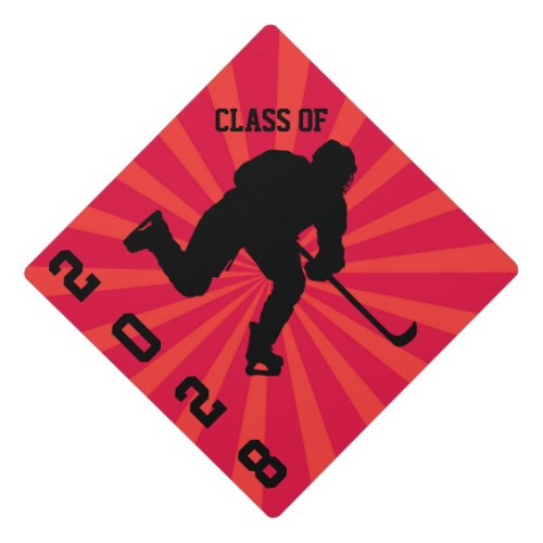 Red Hockey Black Silhouette Personalized Graduation Cap Topper