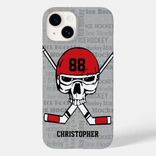 Red Hockey Skull Helmet and Sticks Typography Case_Mate iPhone 14 Case