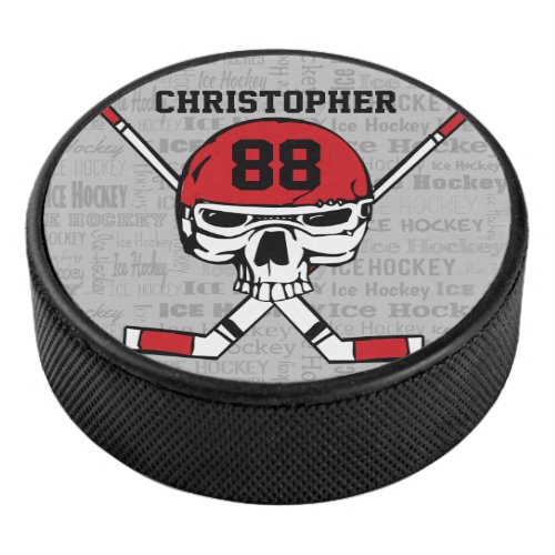 Red Hockey Skull Helmet and Sticks Typography Hockey Puck
