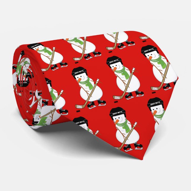 Red Hockey Snowman Player Christmas Neck Tie (Rolled)