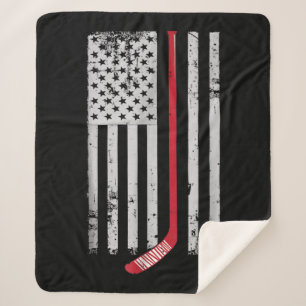 Red Hockey Stick American Flag USA Hockey Sherpa Blanket