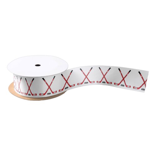 Red Hockey Sticks and Puck Satin Ribbon