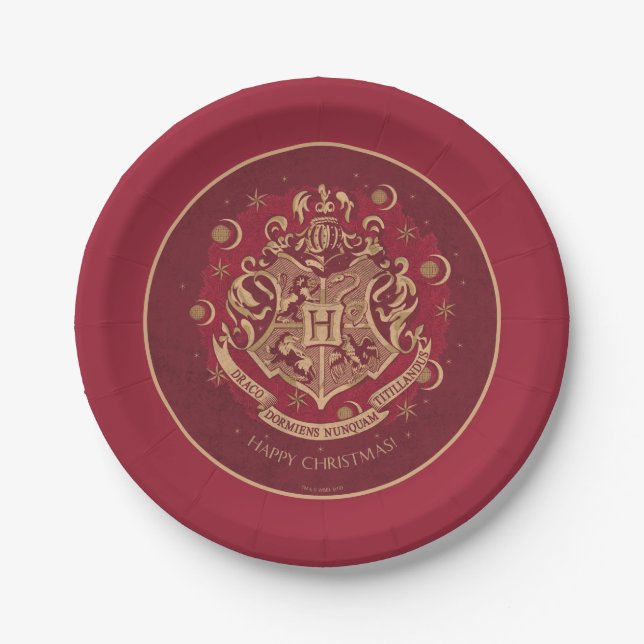 Red HOGWARTS™ Crest Holiday Wreath Paper Plates (Front)