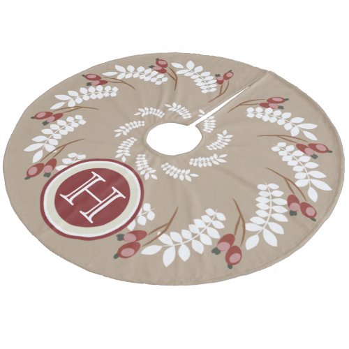 Red Holiday Berries and White Fern Monogram Fleece Tree Skirt