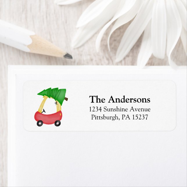 Red Holiday Car Baby Shower Label (Insitu)