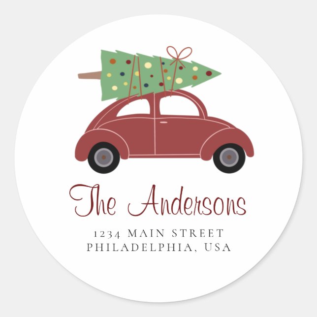 Red Holiday Car with Christmas Tree Address Classic Round Sticker (Front)