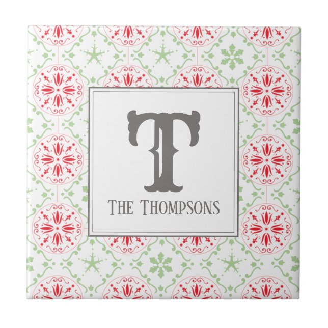 Red Holiday Christmas Monogram Modern Ceramic Tile (Front)