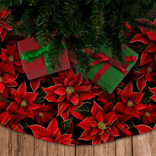 Red Holiday Christmas Poinsettia Pattern Brushed Polyester Tree Skirt