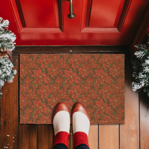 Red Holiday Christmas Poinsettia Pattern Fiber Doormat