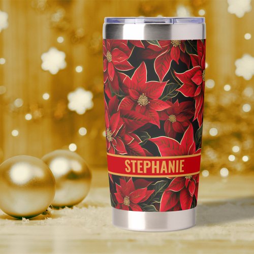 Red Holiday Christmas Poinsettia Pattern Insulated Tumbler