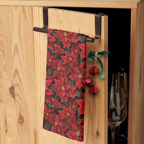 Red Holiday Christmas Poinsettia Pattern Kitchen Towel