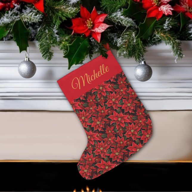 Red Holiday Christmas Poinsettia Pattern Large Christmas Stocking (Creator Uploaded)