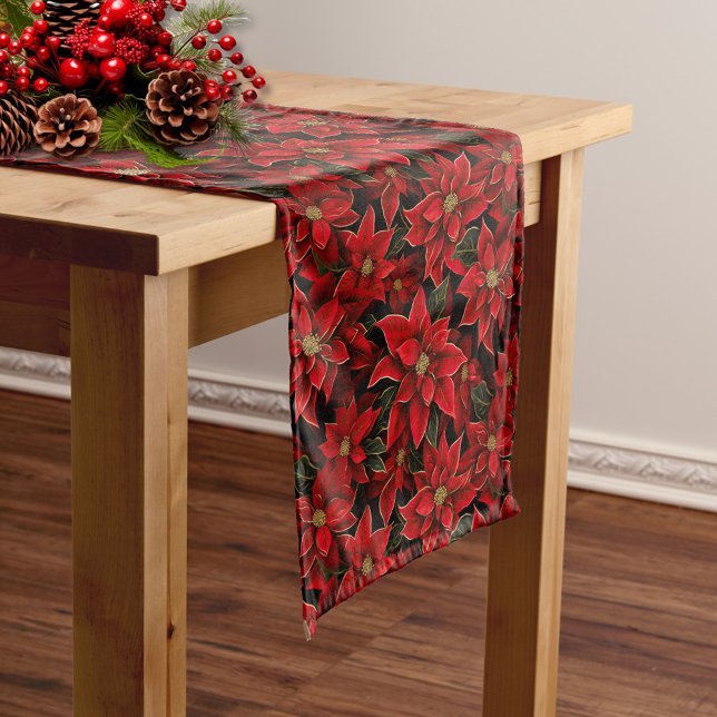Red Holiday Christmas Poinsettia Pattern Medium Table Runner (Creator Uploaded)