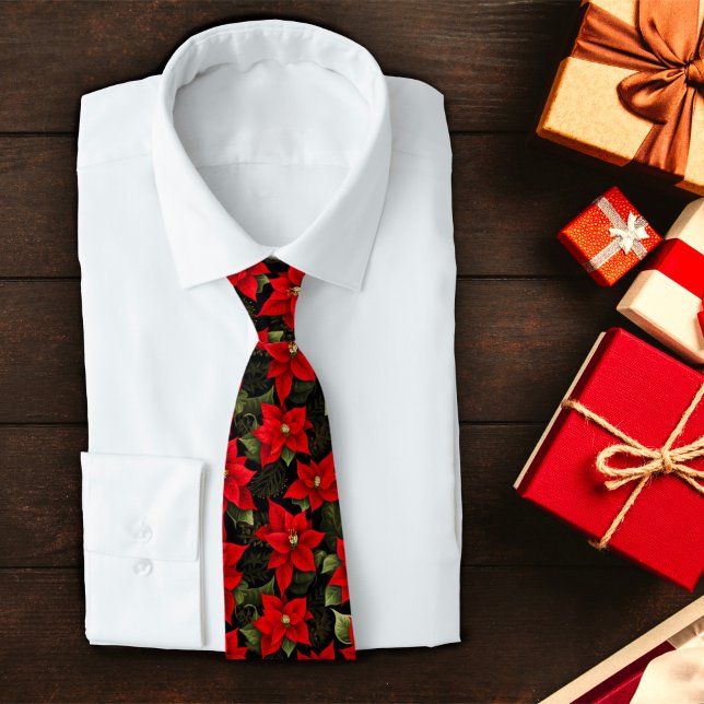 Red Holiday Christmas Poinsettia Pattern Neck Tie (Creator Uploaded)