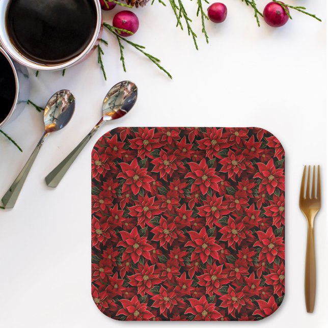 Red Holiday Christmas Poinsettia Pattern Paper Plates (Creator Uploaded)