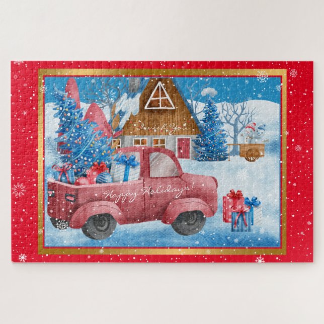 Red Holiday Christmas Truck Customize Jigsaw Puzzle (Horizontal)