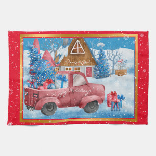 Red Holiday Christmas Truck Customize Kitchen Towel