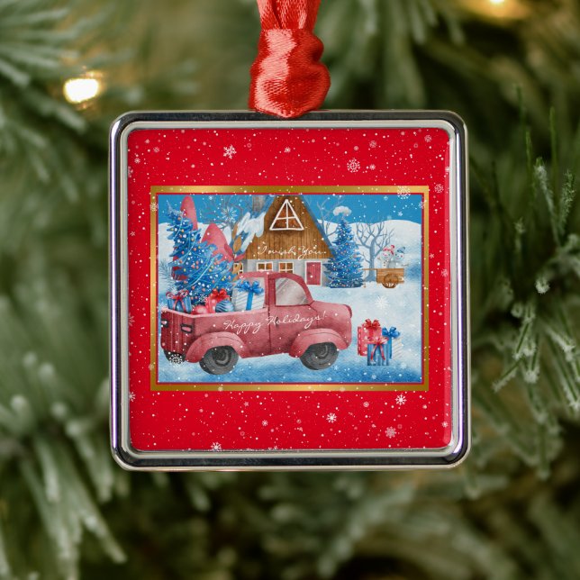 Red Holiday Christmas Truck Customize Metal Ornament (Tree)