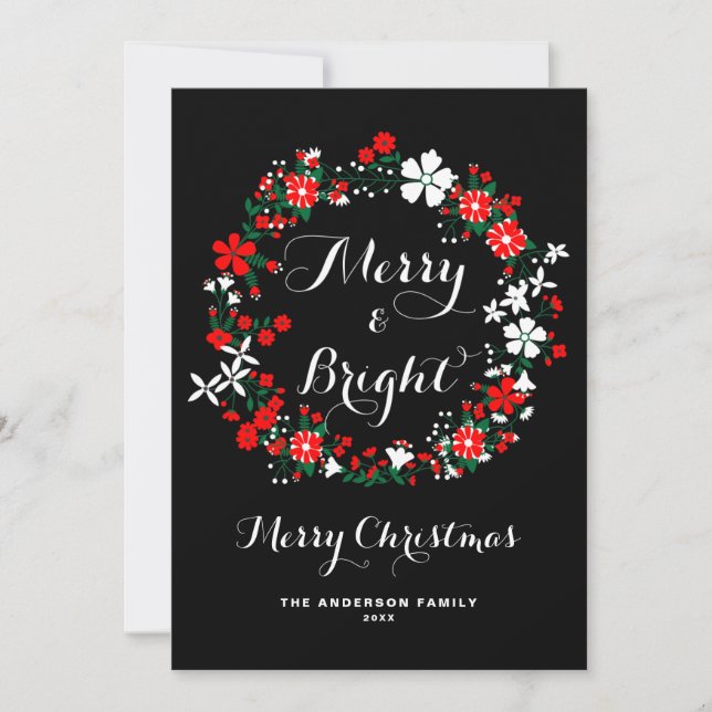 Red Holiday Floral Wreath Merry & Bright Christmas (Front)