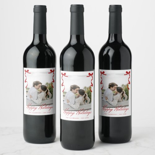 Red Holiday Hand Drawn Whimsical Bows Wine Label