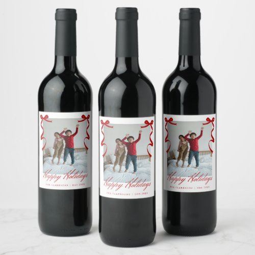 Red Holiday Hand Drawn Whimsical Bows Wine Label