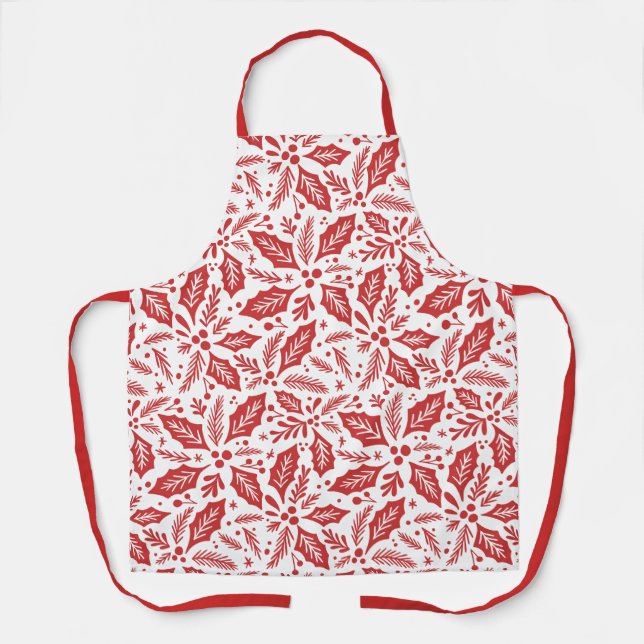 Red Holiday Holly Berry Pattern Apron (Front)