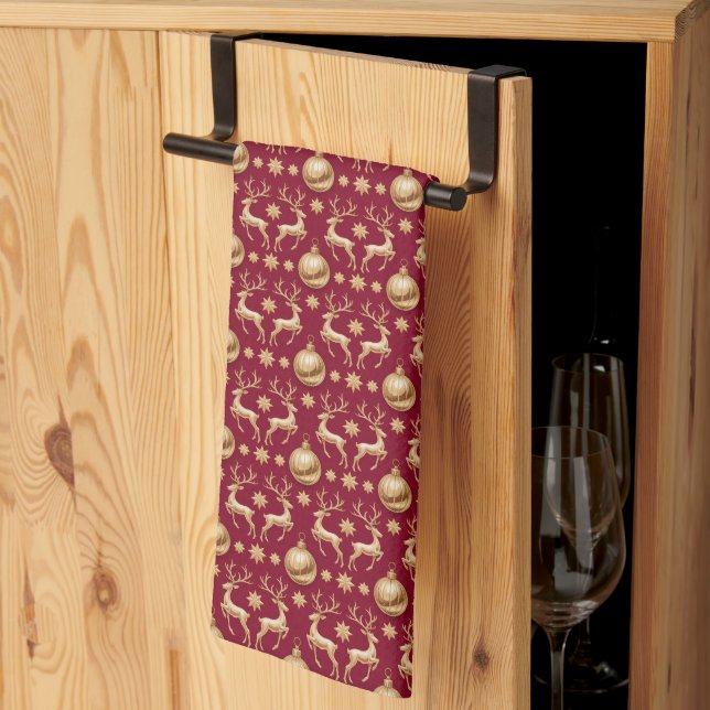 Red Holiday Kitchen Towels with Golden Reindeer (Thirds Fold)