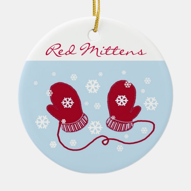 Red Holiday Mittens Ceramic Ornament (Front)