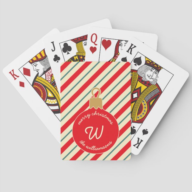 Red Holiday Ornament Monogram Poker Cards (Back)