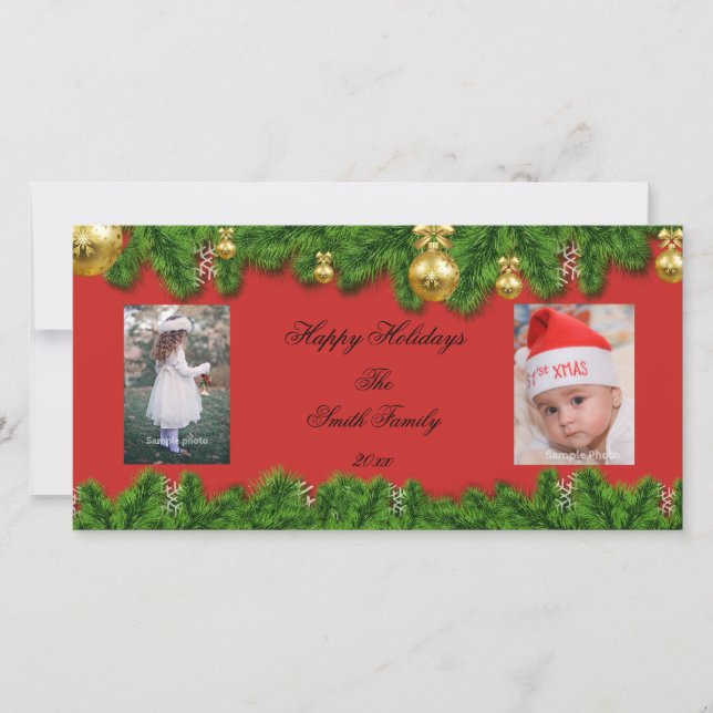 Red Holiday Personalized 2 Photo Card (Front)