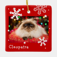 Red Holiday Pet Photo Snowflake Ceramic Ornament