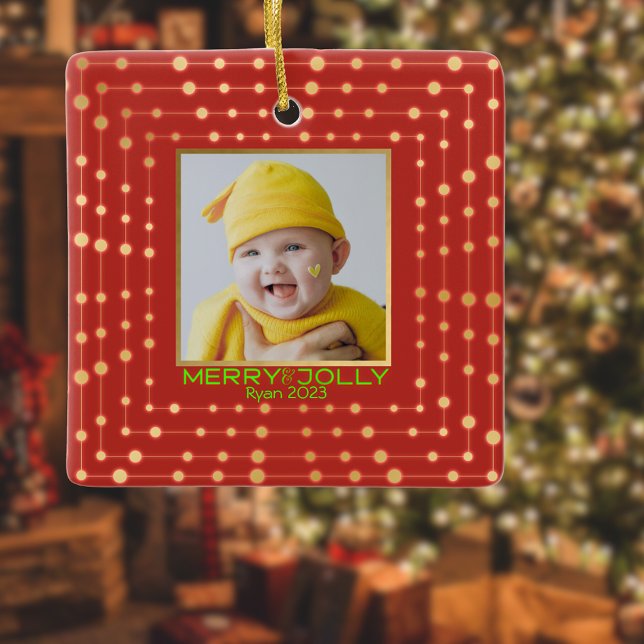  Red holiday photo modern merry Ceramic Ornament (Creator Uploaded)