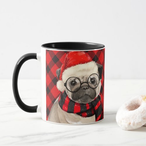 Red Holiday Plaid and a Pug Christmas Dog Mug