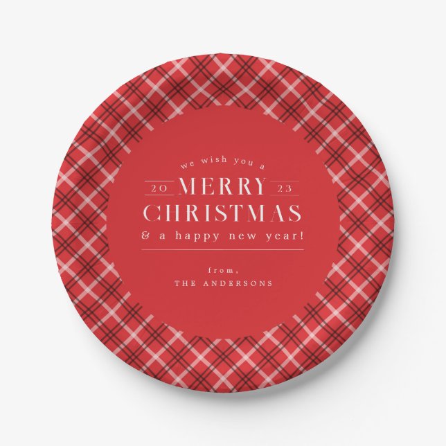 Red Holiday Plaid Christmas Paper Plates (Front)