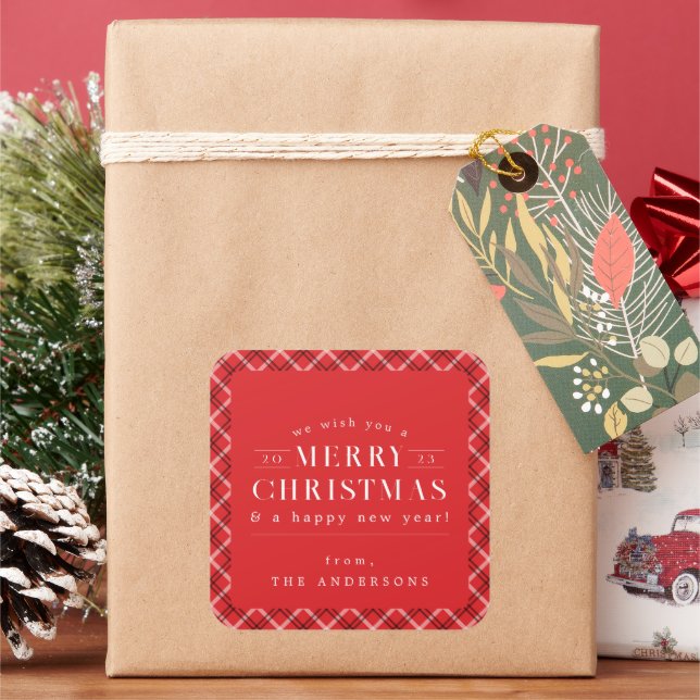 Red Holiday Plaid Christmas Square Sticker (Holiday)