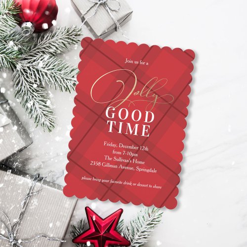 Red Holiday Plaid Faux Foil Christmas Party Invitation