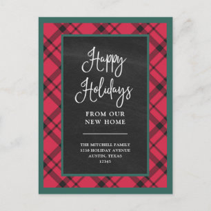 Red Holiday Plaid   New Home Moving Announcement Postcard