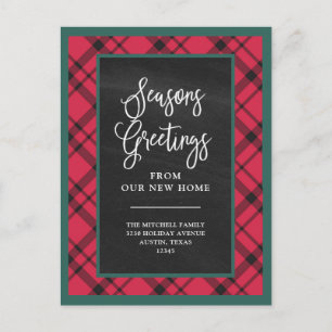 Red Holiday Plaid   New Home Moving Announcement Postcard