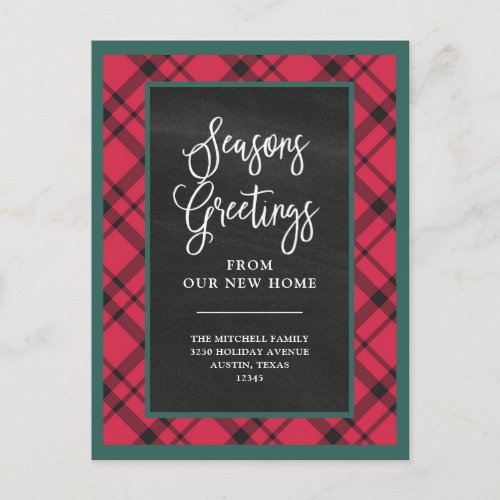 Red Holiday Plaid  New Home Moving Announcement Postcard