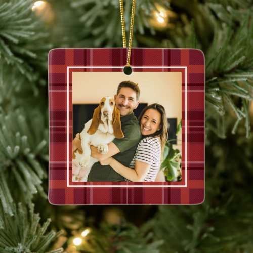 Red holiday plaid one photo personalized Christmas Ceramic Ornament