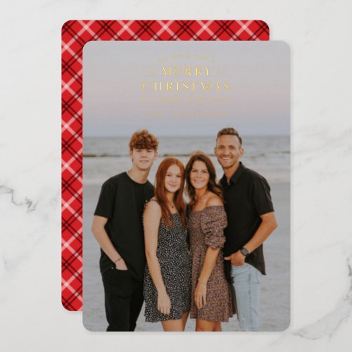 Red Holiday Plaid Photo Foil Christmas Card