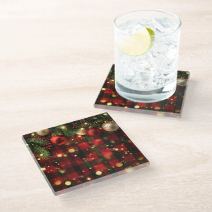 RED HOLIDAY PLAID WITH CHRISTMAS GREENERY GLASS COASTER