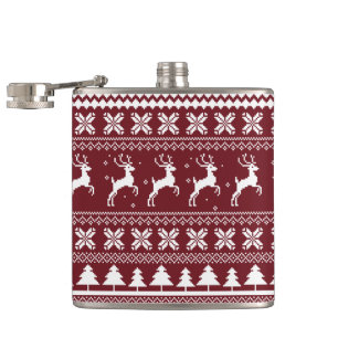 Red Holiday Reindeer Christmas Sweater Pattern Flask