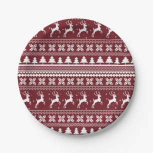 Red Holiday Reindeer Christmas Sweater Pattern Paper Plates