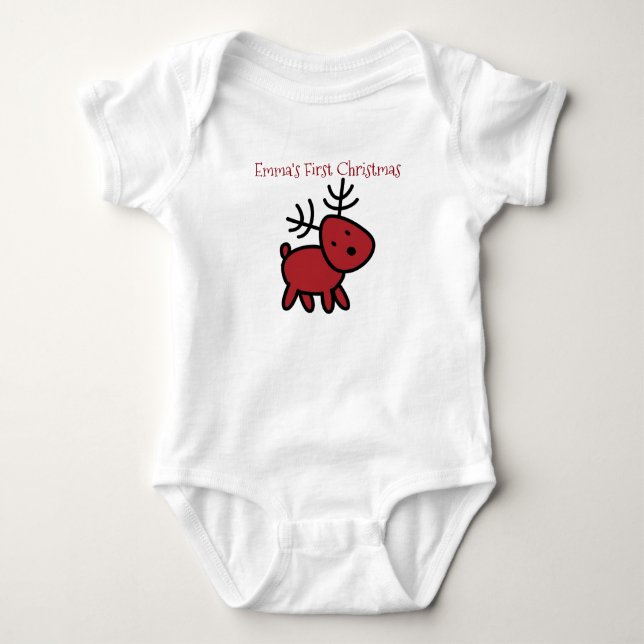 Red Holiday Reindeer Illustration First Christmas Baby Bodysuit (Front)